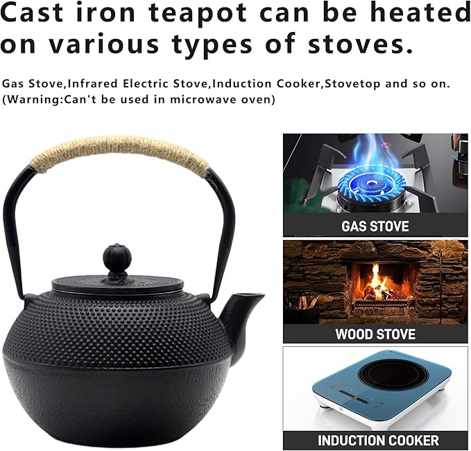YJX 40.6 fl oz Cast Iron Teapot Set, Japanese Tetsubin Tea Set with Cast Iron Teacups, Small Tea Kettle Set with Strainer for Loose Tea, Enameled Interior (1200ml Tea Set with Cups and Saucers)