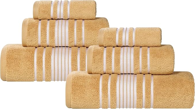 Superior Cotton 6 Piece Towel Set, 2 Bath, 2 Hand, 2 Washcloth/Face Towels, Quick Dry, Home Essentials, Shower, Spa, Luxury Plush Soft Absorbent Towels, Zero-Twist, Solid, Sadie Collection, Gold
