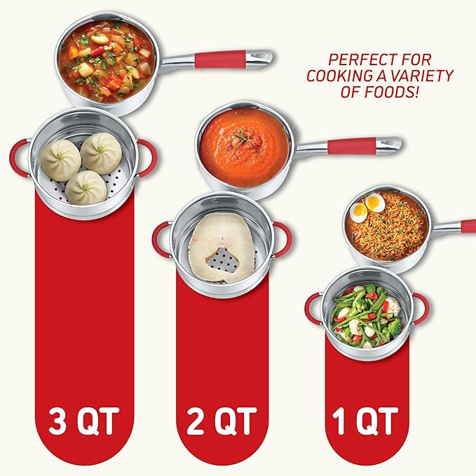 Concord Stainless Steel SIMPLE POUR Saucepan with Steamer Tier. Vented Glass Lid. Features Dual Pouring Spouts and Volume Marking on pot. Perfect for making Sauces, Jam, Ramen, and more (2 Quart)