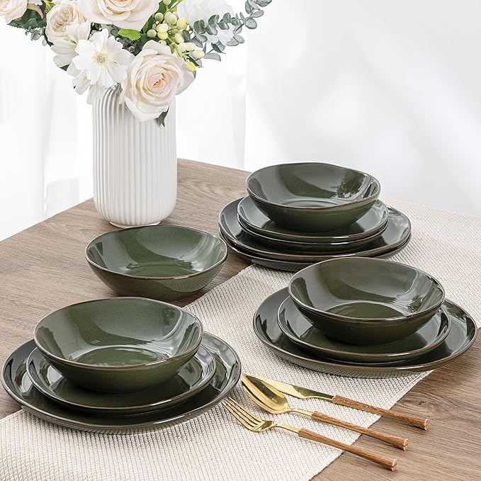 AmorArc Ceramic Dinnerware Sets,Handmade Reactive Glaze Stoneware Plates and Bowls Set,Highly Chip and Crack Resistant Dishware | Dishwasher & Microwave Safe Dishes,Service for 4(12Pcs)