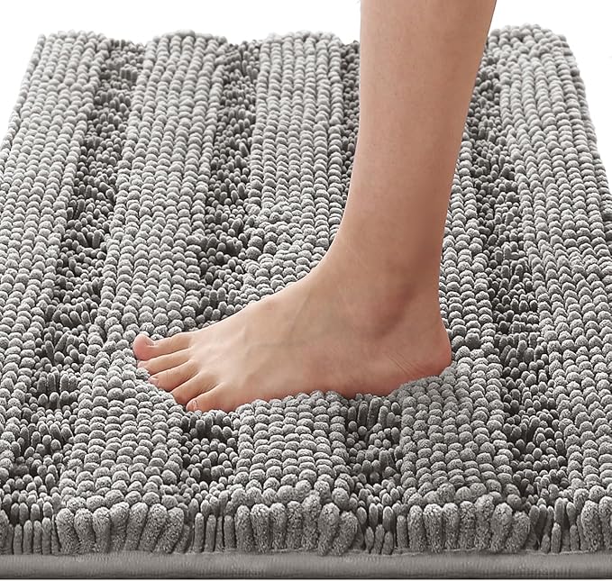H.VERSAILTEX Bath Rugs for Bathroom Non Slip Bath Mats Extra Thick Chenille Striped Rug 20" x 32" Absorbent Non Skid Fluffy Soft Shaggy Washable Dry Fast Plush Mat for Indoor, Bath Room, Tub - Dove