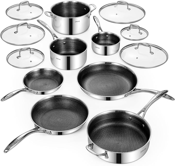 Deluxe 13 Piece Hybrid Ceramic Nonstick Stainless Steel Cookware Set-5 Piece Frying Pan Set, 6 PC Pot Set, 3.7QT Deep Sauté Pan&Lid, Induction Ready, Stay Cool, PFOA Free Compatible with All Cooktops