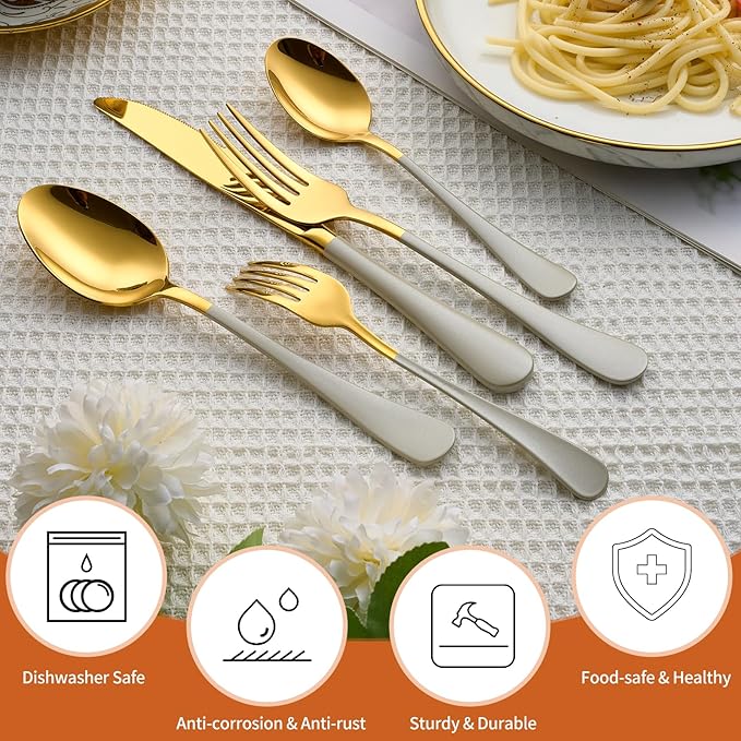 20 Piece Gold and Grey 18/0 Flatware Utensil Set for 4, Include Dinner Knife,Dinner Forks,Dinner Spoons,Salad Forks,Teaspoons,Silverware Set for 4, Dishwasher Safe