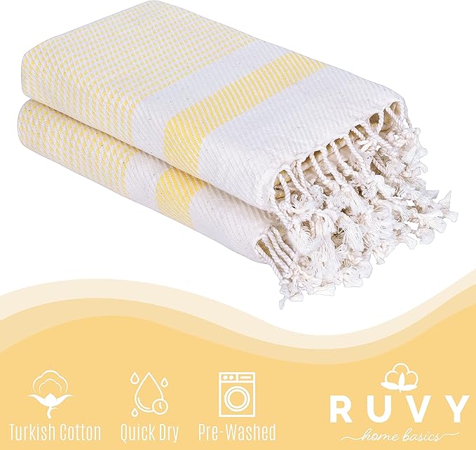 Ruvy Home Basics Turkish Hand Towels for Bathroom Set of 2 | 18"x40", Cotton | Decorative Towel for Bathroom, Kitchen, Dishcloth, Tea, Yoga, Face, Gym - Yellow