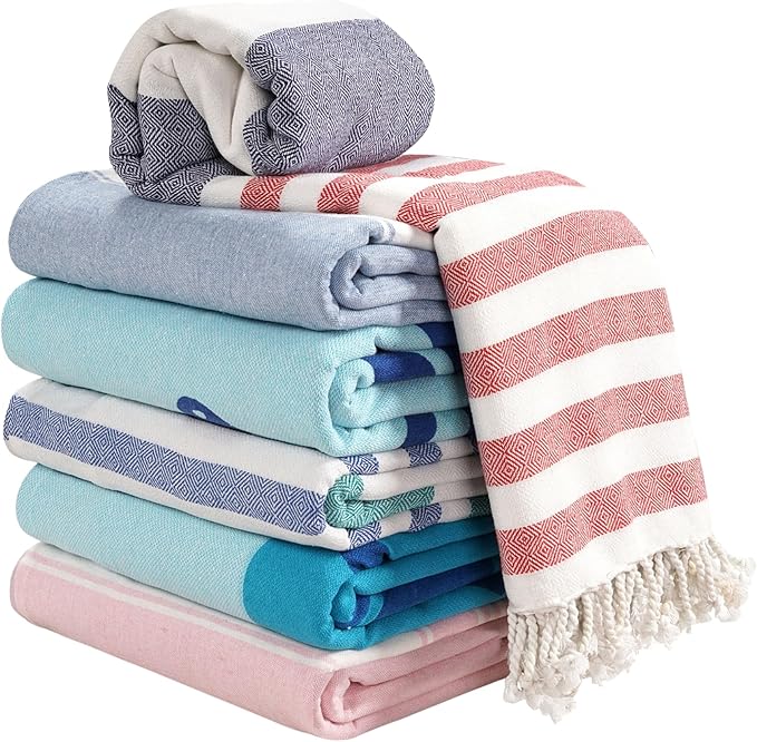LANE LINEN Turkish Beach Towels Set of 6 – Pre-Washed, Sand-Free, Quick Dry, Lightweight Travel Towels for Women, Soft Bath Beach Towels, 39"x71" – Coastal Bliss