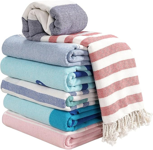 LANE LINEN Turkish Beach Towels Set of 6 – Pre-Washed, Sand-Free, Quick Dry, Lightweight Travel Towels for Women, Soft Bath Beach Towels, 39"x71" – Coastal Bliss