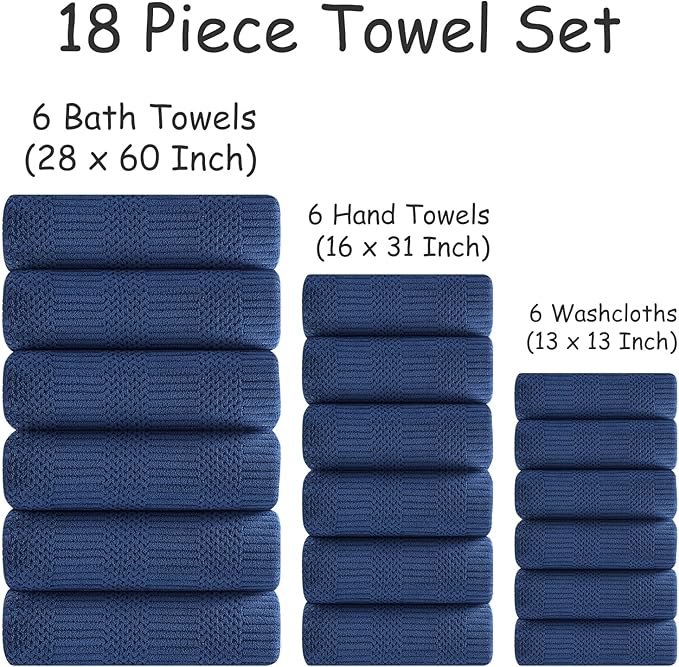 18 Pcs Navy Woven Family Towels Set-6 Bath Sheets,6 Hand Towels,6 Washcloths Soft Microfiber Towels Absorbent Shower Towel Quick Dry Beach Chair Towel Lint Less Towels Set for Bathroom Spa Gym Hotel