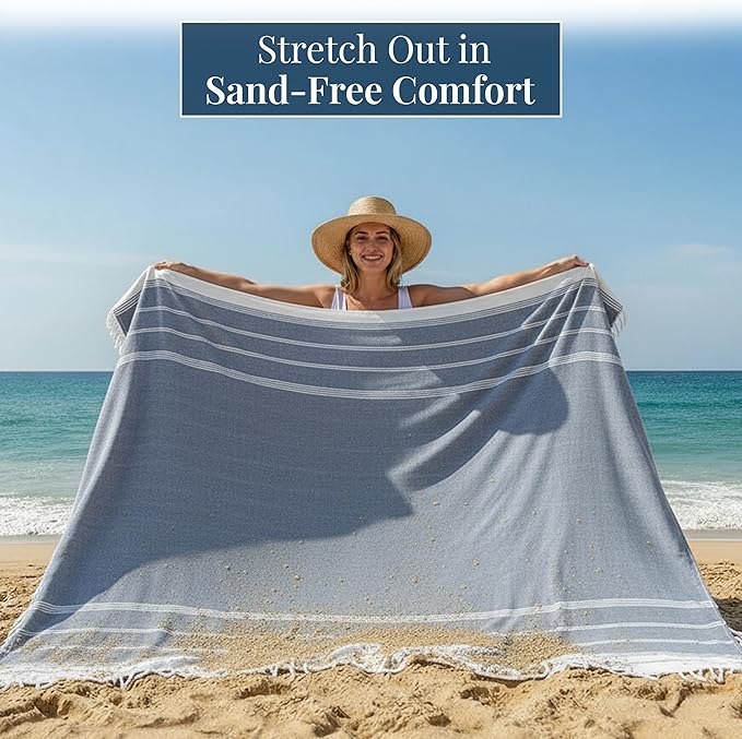 LANE LINEN Camping Blanket - Large Beach Towel, Beach Accessories with Oversized Comfort (82"x82"), Sandproof, Perfect for Seaside Adventures, Park Gatherings, or Family Beach Days – Navy Blazer