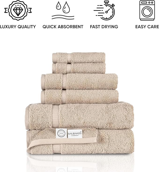 SALBAKOS 100% Turkish Cotton 6-Piece Towel Set | Heirloom Quality Hotel & Spa Collection | Soft, Super Absorbent 2 Washcloth, 2 Hand, 2 Bath Towel Sets | Made in Turkey (Taupe, 6 Piece Towel Set)