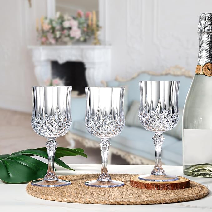 XUWAIDSGN 48 Pcs 7oz Plastic Vintage Wine Glasses Drinking Glasses Unbreakable Wedding Glassware Crystal Water Goblets Reusable Drinkware Vintage Champagne Flutes (48, Clear)