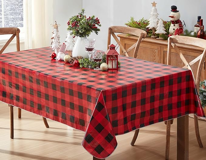 Newbridge Holiday Buffalo Plaid Vinyl Christmas Tablecloth with Flannel Backing, Red & Black Rustic Cottage Check, Wipe Clean, 60 x 120 Inch Rectangle