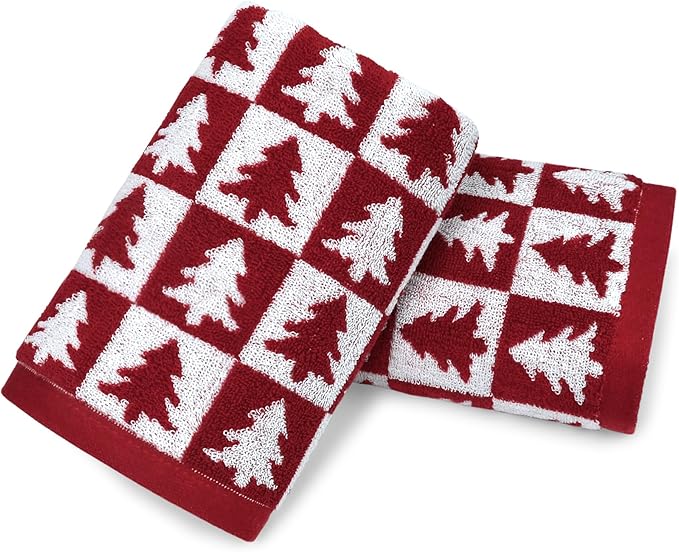 Jacquotha Red Christmas Hand Towels for Bathroom - 2-Piece Checkered & Xmas Tree Kitchen Towels, Festive Decor and Everyday Use, Cotton, 13” x 29”