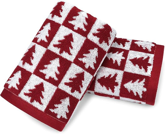 Jacquotha Red Christmas Hand Towels for Bathroom - 2-Piece Checkered & Xmas Tree Kitchen Towels, Festive Decor and Everyday Use, Cotton, 13” x 29”