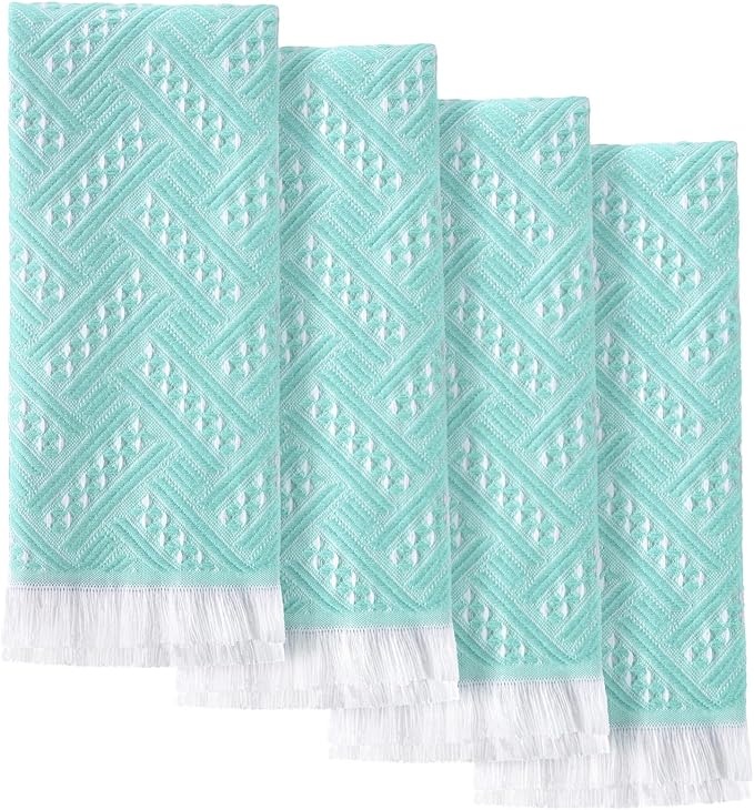 4 Pack Boho Bathroom Hand Towel 14 x 30 Inch 100% Turkish Cotton Decorative Boho Kitchen Hand Towel Farmhouse Bathroom Decor Set Absorbent Soft Guest Tea Gift (Aqua,White)