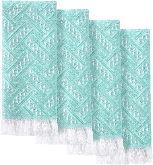 4 Pack Boho Bathroom Hand Towel 14 x 30 Inch 100% Turkish Cotton Decorative Boho Kitchen Hand Towel Farmhouse Bathroom Decor Set Absorbent Soft Guest Tea Gift (Aqua,White)