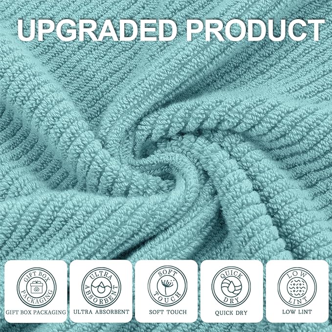 VOOVA & MOVAS Bathroom Towels Set, 100% Cotton | Quick Dry | Soft | Thick, 3 Piece Towel Set, 1 Large Bath 30" x 56", 1 Hand 18" x 28", 1 Wash Cloth 13" x 13", Bathroom Essentials, Aqua Teal