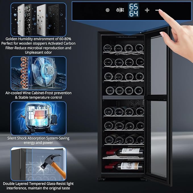 32 Bottle Wine Cooler Refrigerator, Freestanding Small Wine Fridge with Glass Door, Digital LED Temperature Control, Quiet Compressor Beverage Cooler, 41-64°F, for Red, White, Champagne