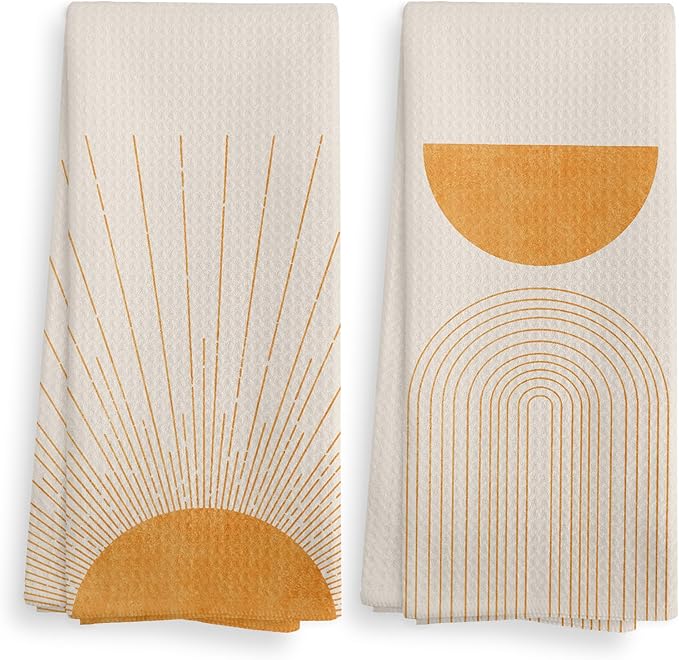 Beige Orange Abstract Sunrise Kitchen Towels and Dishcloths Set of 2, Bohemian Sun Decorative Towels, Orange Moon Drying Cloth Hand Towels for Bohemian Bathroom Kitchen Decor, 16×24 Inches