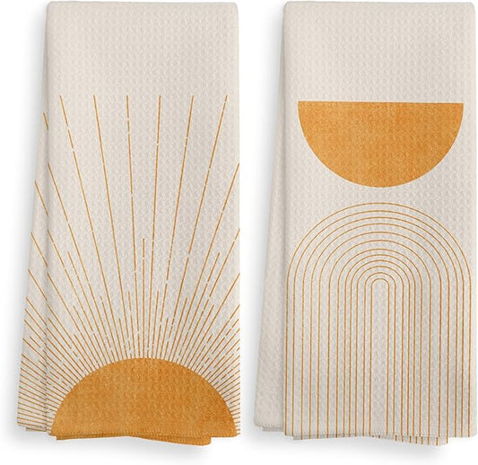 Beige Orange Abstract Sunrise Kitchen Towels and Dishcloths Set of 2, Bohemian Sun Decorative Towels, Orange Moon Drying Cloth Hand Towels for Bohemian Bathroom Kitchen Decor, 16×24 Inches