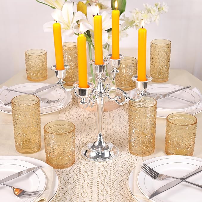 6 Pack Amber Glassware Set, 10oz Vintage Drinking Glasses, Colored Water Glasses, Amber Embossed Glass Cups for Party Wedding Home Office Gift