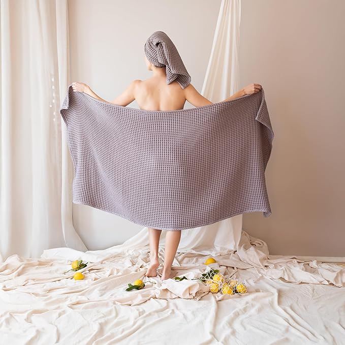 Premium Waffle Bath Towels Pack of 2 Extra Large 35x71 inch - 100% Turkish Cotton, Waffle Weave, Quick Dry, Lint Free, Oversized, Thin Bath Sheet Towel (Gray, Set of 2 Bath Towels)