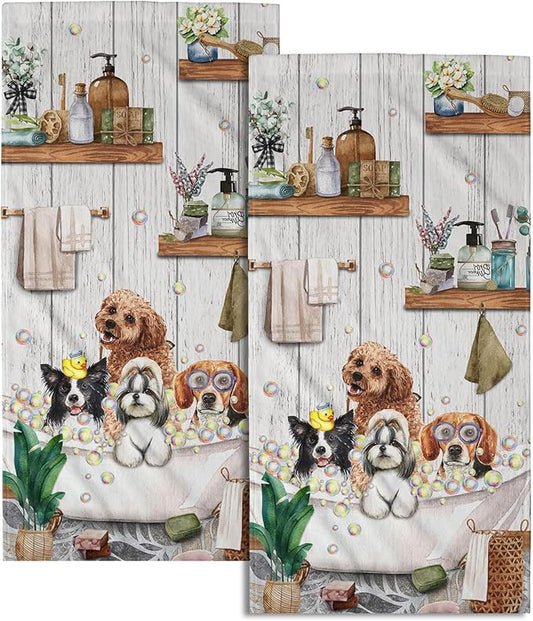 Imiss Funny Dog Hand Towel 14.4 x 28.3 Inch Cute Animal Kitchen Dish Cloths Rustic Barn Wooden Multipurpose Kitchen Washcloths Set of 2 for Bathroom Kitchen Hotel Spa Decor