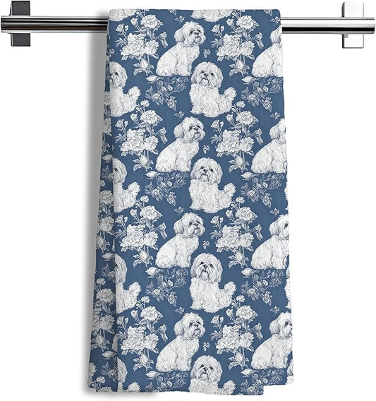Shih Tzu Dog Gifts for Blue Chinoiserie Floral Decor Kitchen Towels，Blue Shih Tzu Dog Grandmillennial Decorative Dish Tea Towels for Kitchen Bathroom,16x24 Inch