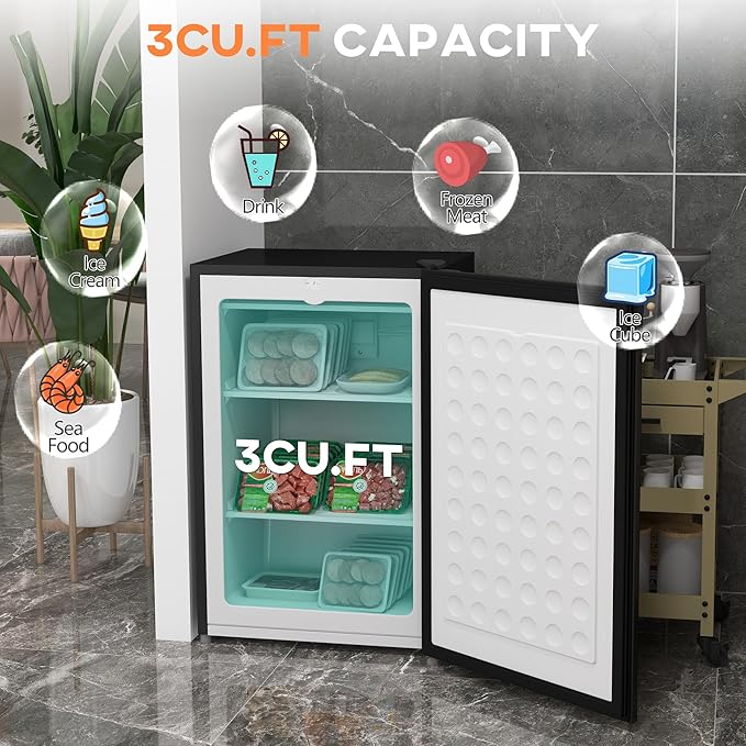 HOMCOM Mini Freezer Countertop, 3 Cu.Ft Compact Upright Freezer with Removable Shelves, Reversible Door for Home, Dorm, Apartment and Office, Black