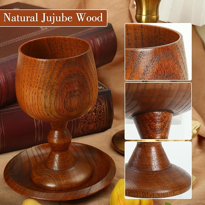 Chalice Cup Wooden, Communion Goblet with Tray & Gift Bag, Communion Chalice Wooden Goblet, Handmade Vintage Wine Cup (5.1 inches)
