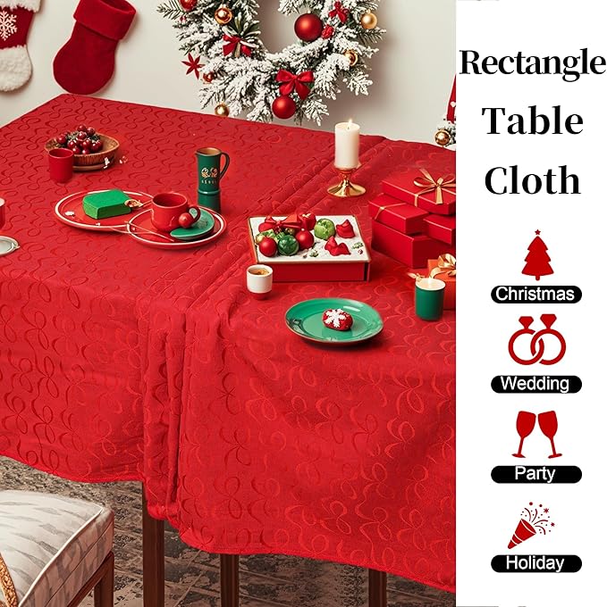 Red Christmas Table Cloth Rectangle Table, 60"x120" (10-12 Seat) - Cotton-Polyester | Wrinkle Free | Washable | Reusable, Red Holiday Tablecloth for Wedding, Dining & Party, Bowtie Jacquard (1PC)