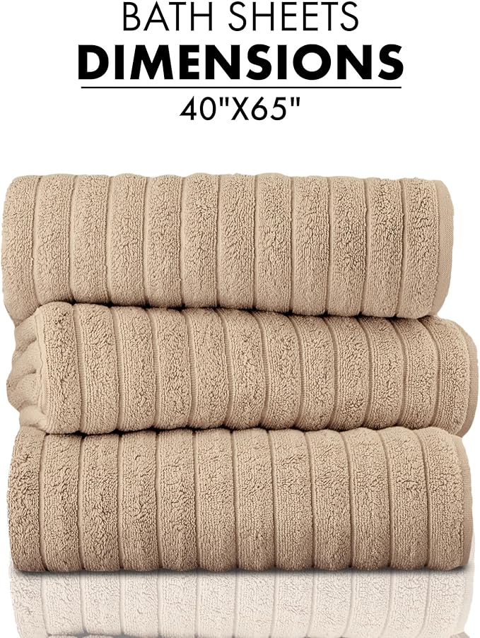 Classic Turkish Towels CTT - Luxury 3 Piece Jumbo Bath Sheets, 100% Turkish Cotton, Absorbent & Ultra Comfy Bath Towel Sheets for Hotels & Spa | 40"x65" (Almond Beige)