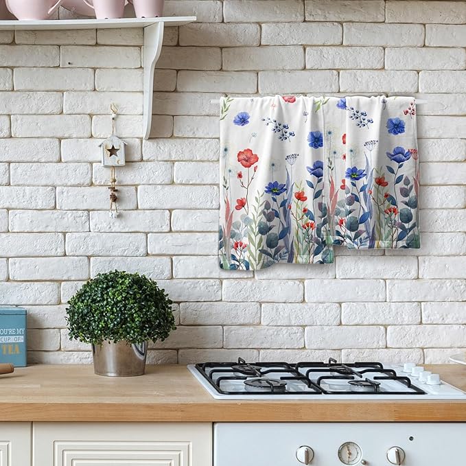 Imiss 4th of July Hand Towels Set of 2 Patriotic Blue Red Poppy Flowers Dish Cloth Bath Towels 14.4 x 28.3 Inch for Kitchen Bathroom Gym Spa Hotel