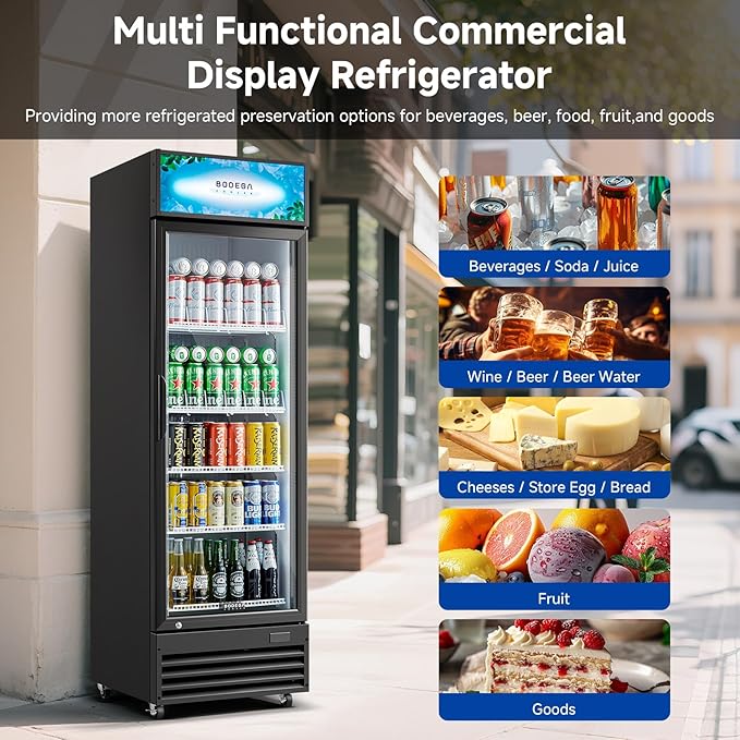 BODEGACOOLER Commercial Beverage Refrigerator, 12.5 Cu. Ft Black Commercial Merchandiser Refrigerator, LED Light/Adjustable Shelves,Upright Large Display Refrigerator For kitchen/Office/Home/Garage.