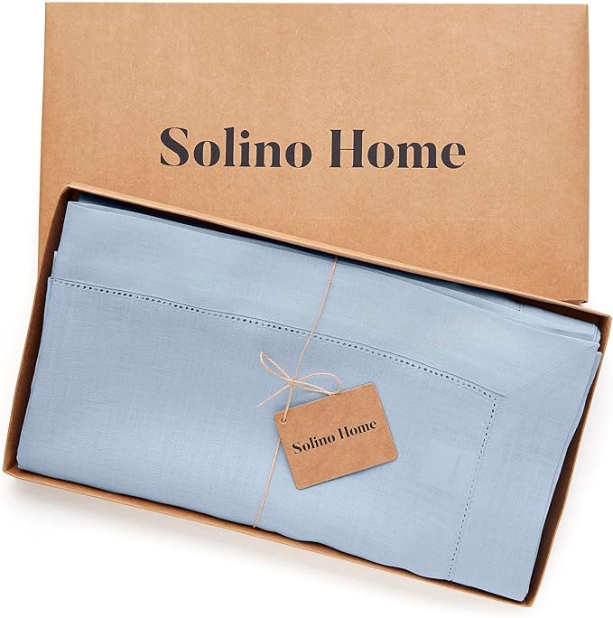 Solino Home Linen Sky Blue Tablecloth 60 x 108 Inch - Classic Hemstitch, 100% Pure Linen Rectangular Tablecloth - Machine Washable Table Cloth for Holiday, New Year