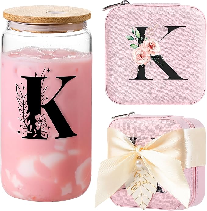 AYGXU Mothers Day gifts,Graduation Gifts for Her, Bridesmaid Gifts,Drinking glass with Bamboo Lids and Straw,Jewelry Organizer,Travel Essentials Small Jewelry Box,Teen Girls Gifts,Initial K pink