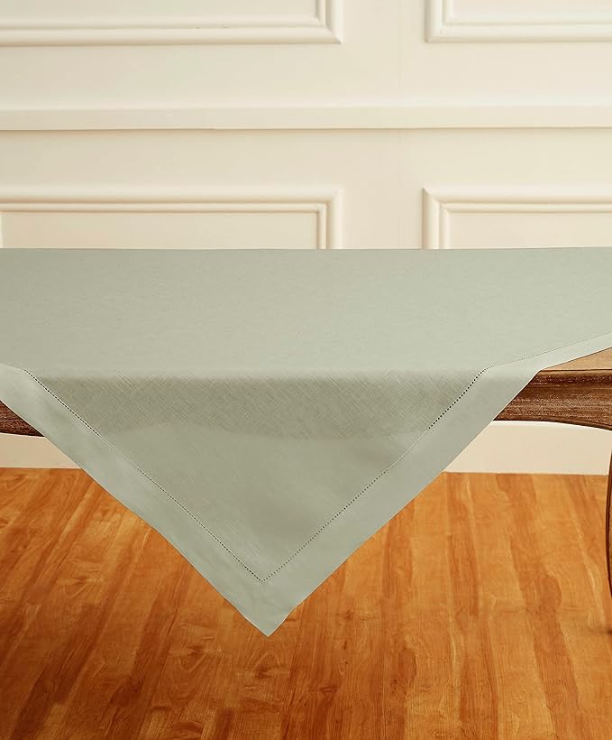 Solino Home Sage Green Linen Tablecloth 52 x 52 Inch - 100% Pure Linen Square Table Throw - Classic Hemstitch, Machine Washable Table Cloth for Winter, New Year