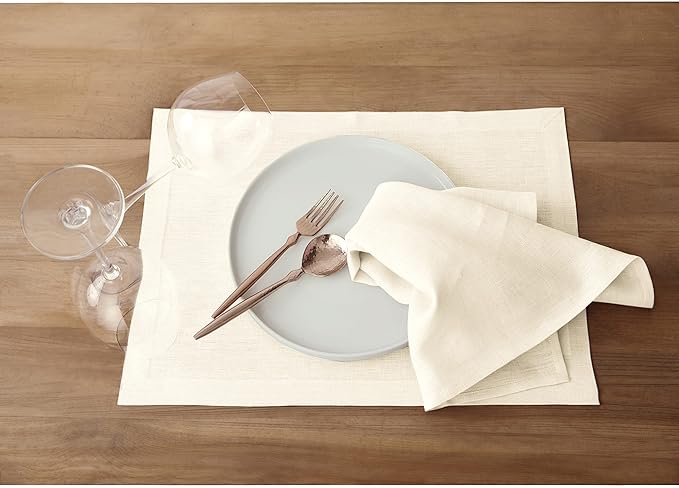 Solino Home Ivory Linen Napkins Set of 6-100% Pure Linen Cloth Washable Dinner Napkins 20 x 20 Inch for Holiday, New Year - Fete