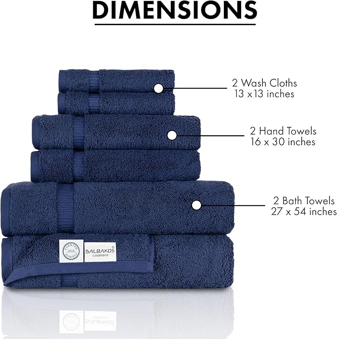 SALBAKOS - Luxury 6 Piece Towel Set, 100% Turkish Cotton, Quick Drying, Highly Absorbent & Comfy, Includes 2 Bath Towels, 2 Hand Towels & 2 Washcloths | (Navy)