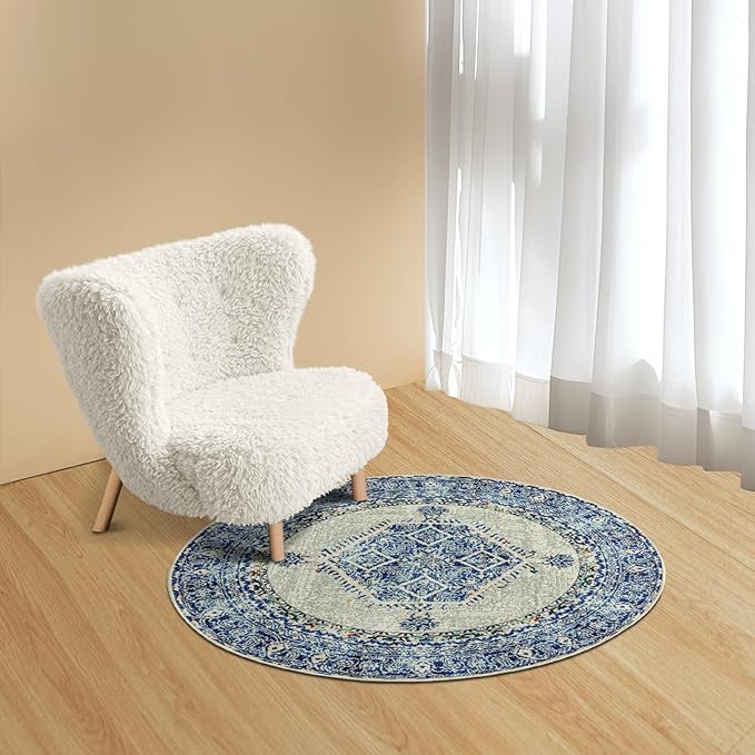Easy-Going Round Area Rug 3ft Washable Boho Small Circle Rugs for Living Room Non-Slip Bedroom Rug Low Pile Lightweight Vintage Distressed Throw Rug for Dining Room Kitchen Home Office, Blue Cream