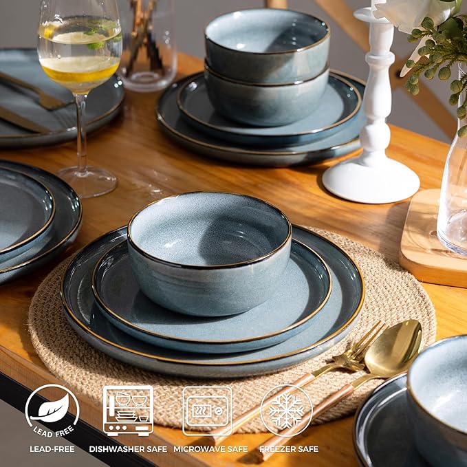 GBHOME 16 Pieces Double Bowls Ceramic Dinnerware Sets for 4, Stoneware Plates and Bowls Set with Reactive Glaze, Scratch Resistant Stoneware Dishes Set, Dishwasher & Microwave Safe