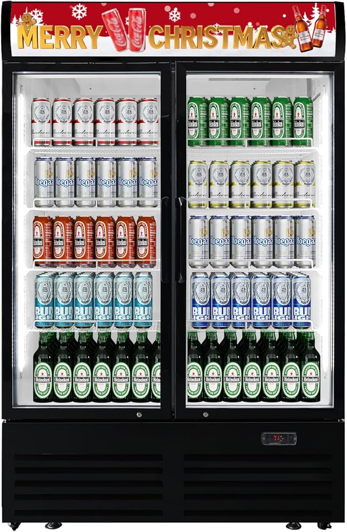 36 cu.ft Commercial Refrigerators with 2 Glass Door, Beverage Fridge with LED Light Display Upright Merchandiser, Drink Cooler with 8 Adjustable Shelves Black ETL Approved