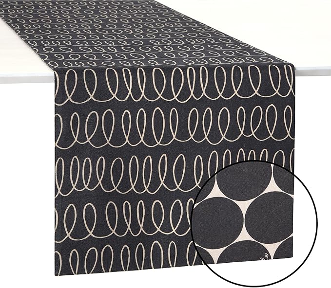 Kate Spade New York in The Loop & Joy Dot Reversible Table Runner, 100% Cotton, Machine Washable, Black/Beige, 15"x108"