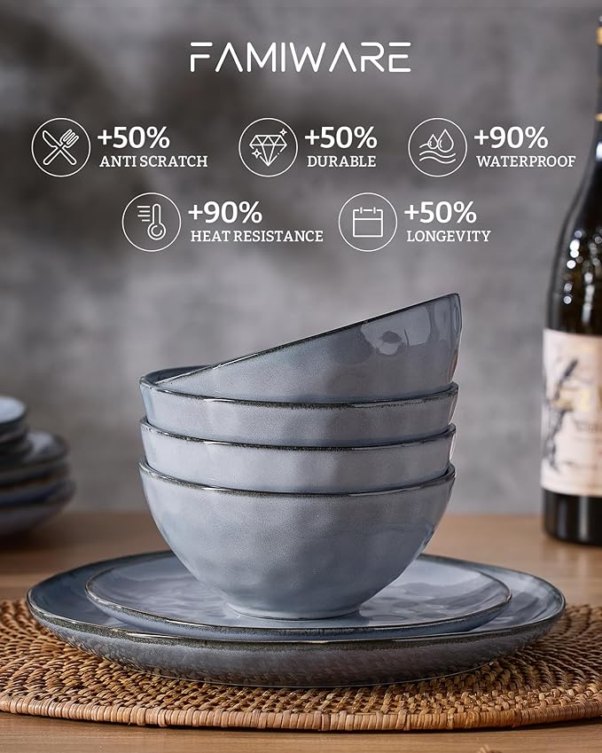 Famiware Ocean Round Plates and Bowls Set, 18 Pieces Dinnerware Sets, Dishes Set for 6, Reactive Glaze, Microwave and Dishwasher Safe, Scratch Resistant, Blue