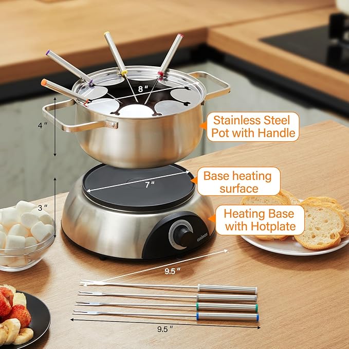 CUSIMAX Electric Fondue Pot Set with Temperature Control, 8-Color Coded Forks, Stainless Steel Fondue Maker, For Chocolate, Cheese, Broth, Oil, 1500W, 1.4 Quarts, Easy to Clean
