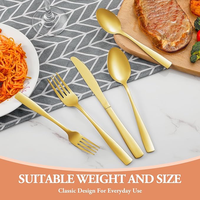 20 Pcs Gold Silverware Set, Stainless Steel Flatware Set for 4, Food-Grade Cutlery Set, Mirror Polished Tableware Eating Utensils Set for Home Kitchen, Include Knife Fork Spoon Set, Dishwasher Safe