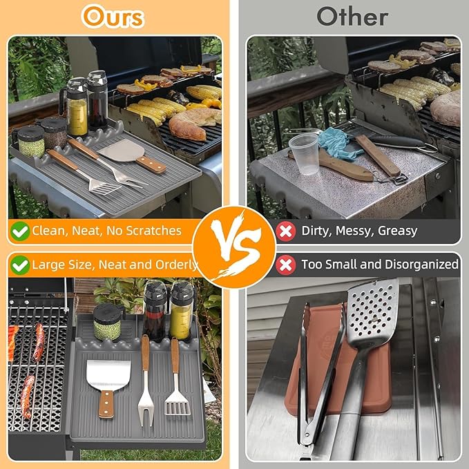 Silicone Griddle Tool Mat Compatible with Blackstone Weber - Flat Top Grill Pellet Smoker Side Shelf Spatula Mat with Drip Pad - Gifts for Men BBQ Grilling Accessories (Grey-2Pcs)