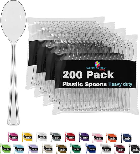 Party Solids Heavy Duty Plastic Spoons - 200 Pcs Clear Disposable Flatware