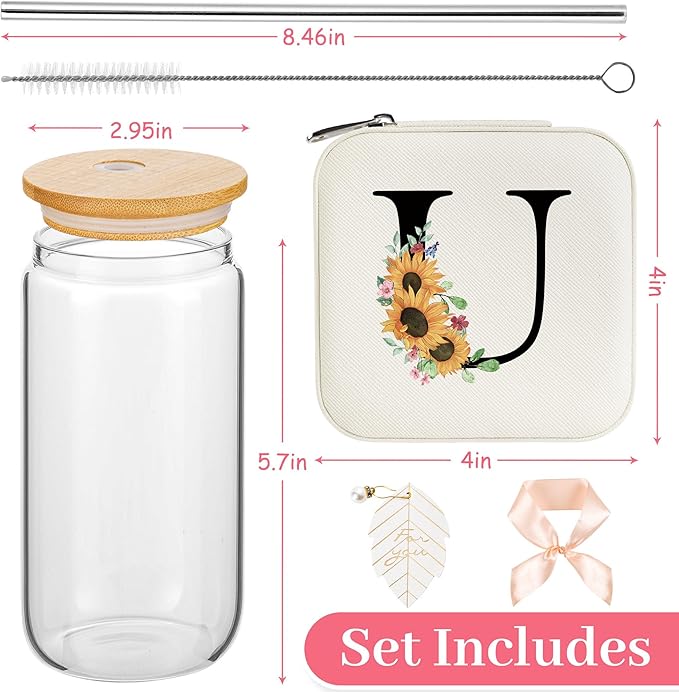 AYGXU Travel Gifts for Women Girls,Small Jewelry Organizer Box,Bridesmaid Proposal Gifts,glass cup with bamboo lid and straw,aesthetic cups,coffee cups,Graduation Gifts for Her Initial U white