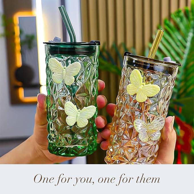 2 Pcs Glass Cups with Lids and Straws, 10oz Glass Tumblers, Butterfly Cups, Green Drinking Glasses, Amber Glassware