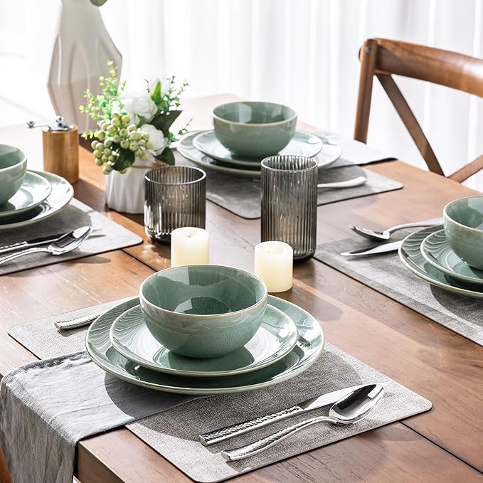 GBHOME Ceramic Dinnerware Sets for 4, 12 Pieces Stoneware Plates and Bowls Sets, Reactive Glaze Dishes -Scratch Resistant, Dishwasher&Microwave Safe-Malachite Green